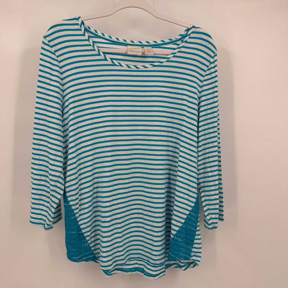 Chicos Womens Nautical Minimalist Top Sz 2 US L Striped Casual Coastal Turquoise